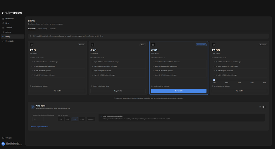 Close-up of the actual Admin auto-refill controls: a 50-credit threshold, a €50 top-up, and a custom amount option