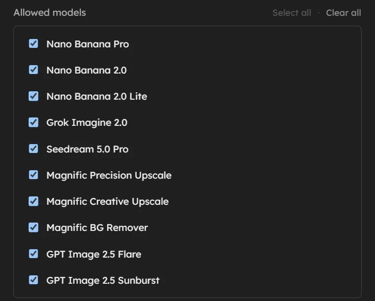 Admin Allowed models controls showing Select all, Clear all, and individual model checkboxes for a key