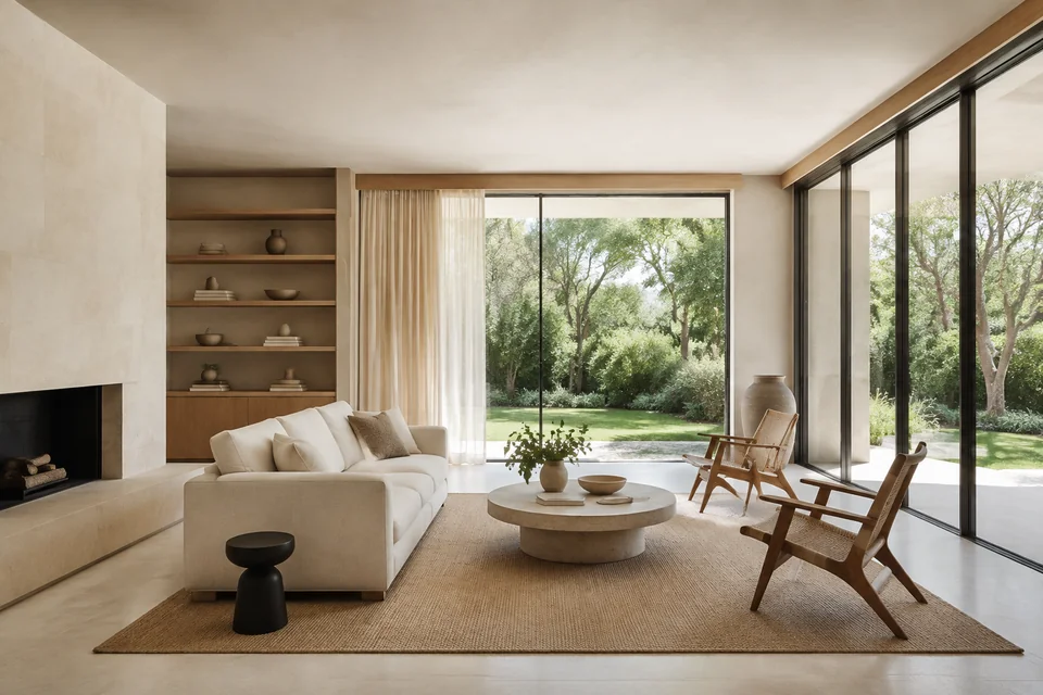 Calm contemporary interior with natural materials and garden glazing