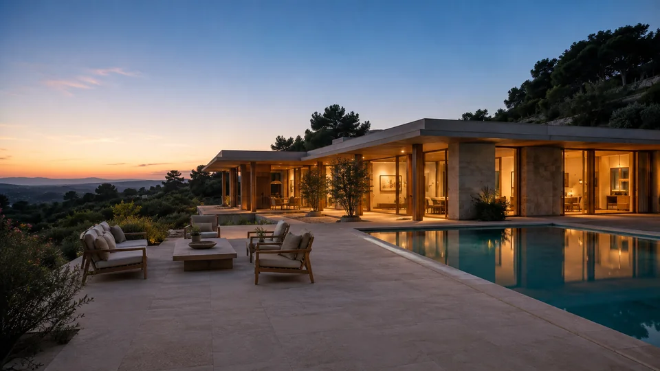 A Mediterranean residence at dusk, with warm oak interiors, a furnished stone terrace, and a clearly separated pool reflecting the blue-hour sky