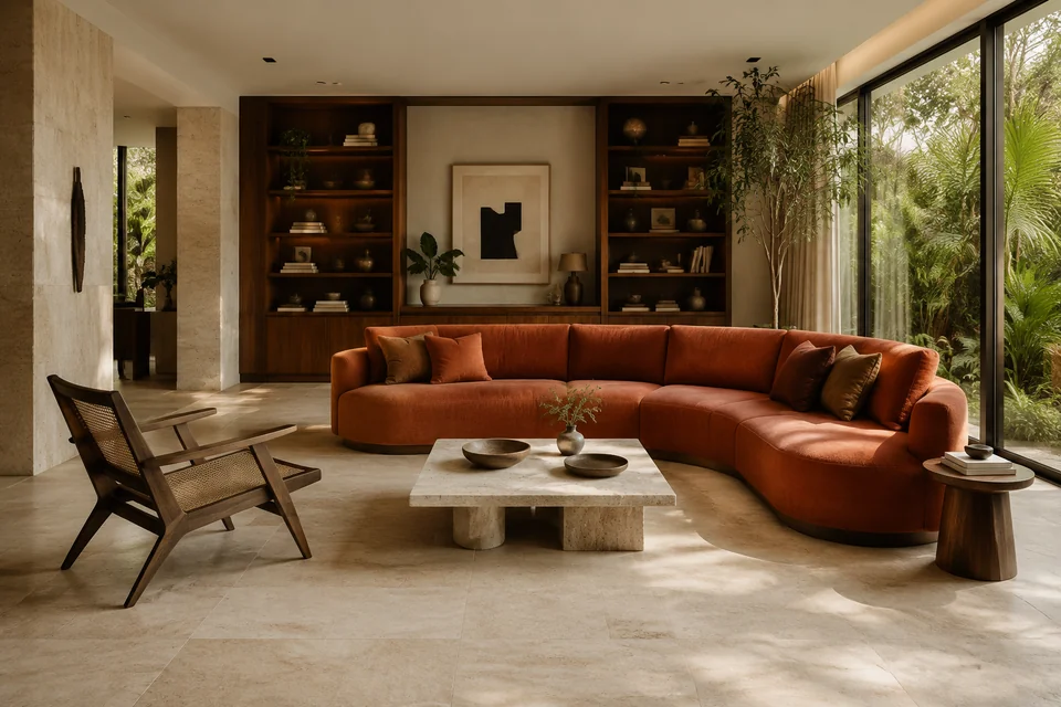 Inviting living room with a curved terracotta sofa, travertine coffee table, walnut joinery, and garden views