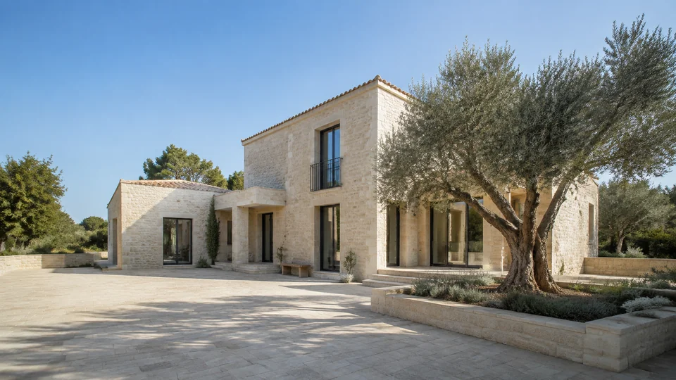 Wide view of a limestone courtyard residence and olive tree, with its full roofline visible
