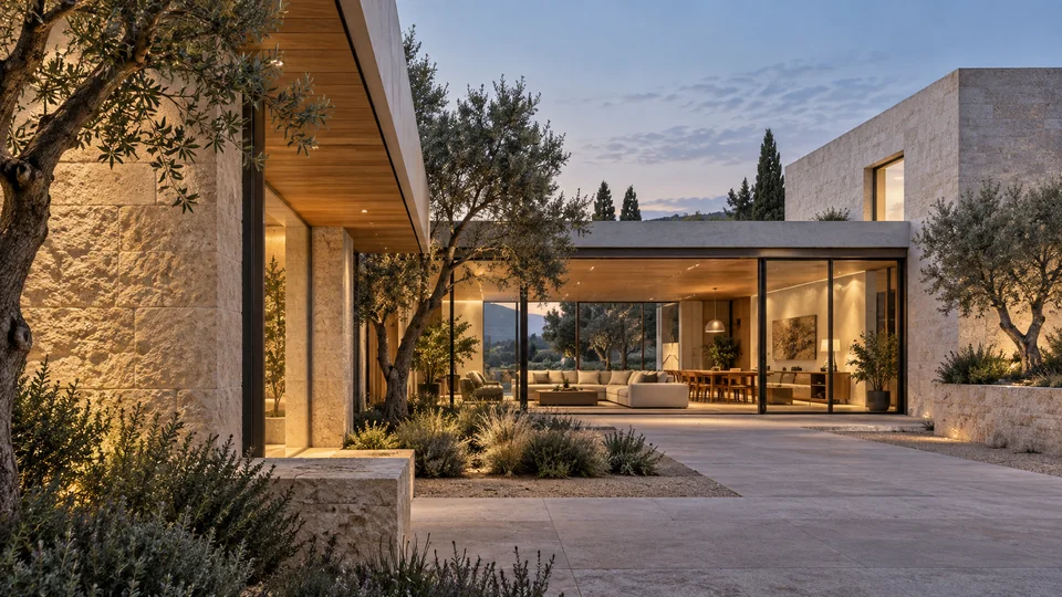Contemporary stone and timber courtyard residence with olive planting and warmly lit interiors at dusk