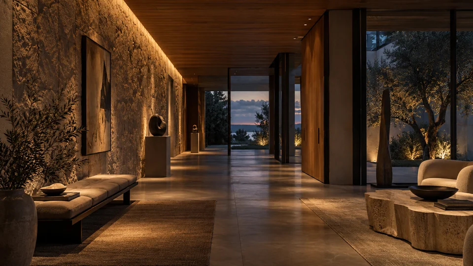A contemporary interior shaped by wall grazing, concealed lighting, and focused pools of warm light