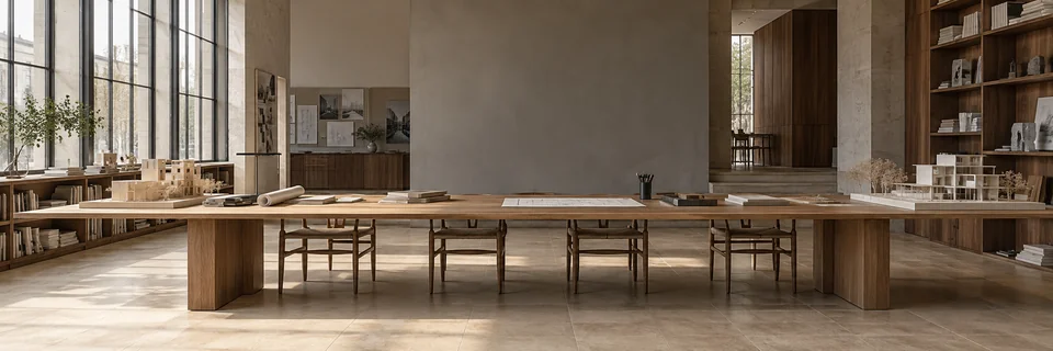 Architectural studio with a shared oak worktable and physical design models