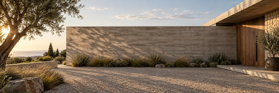 Contemporary courtyard with board-formed concrete, oak and restrained planting