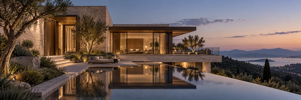 Hillside residence with warm interior light and water reflections at dusk