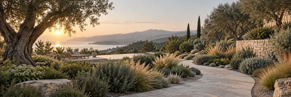 Layered hillside garden with ornamental grasses and a winding stone path