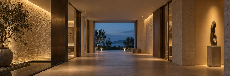 Stone interior passage with carefully layered indirect lighting at blue hour