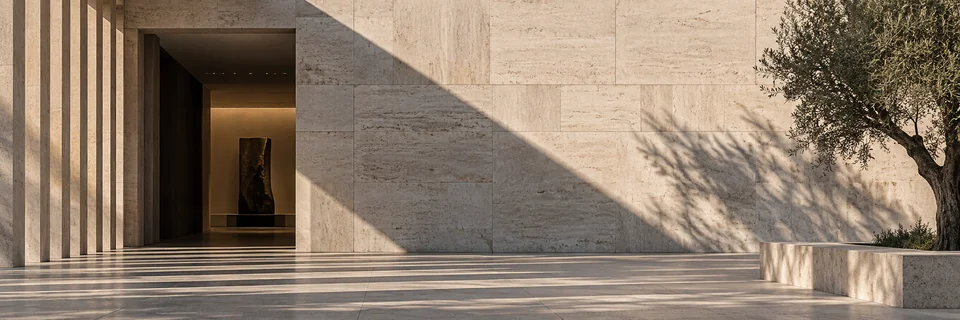 Museum facade with precise stone geometry and diagonal daylight shadows