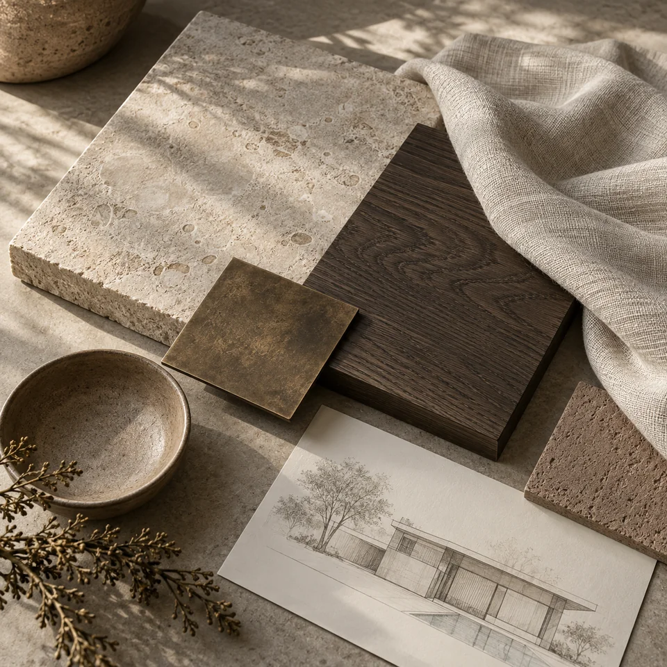 Material palette of limestone, smoked oak, linen and bronze with an architectural sketch