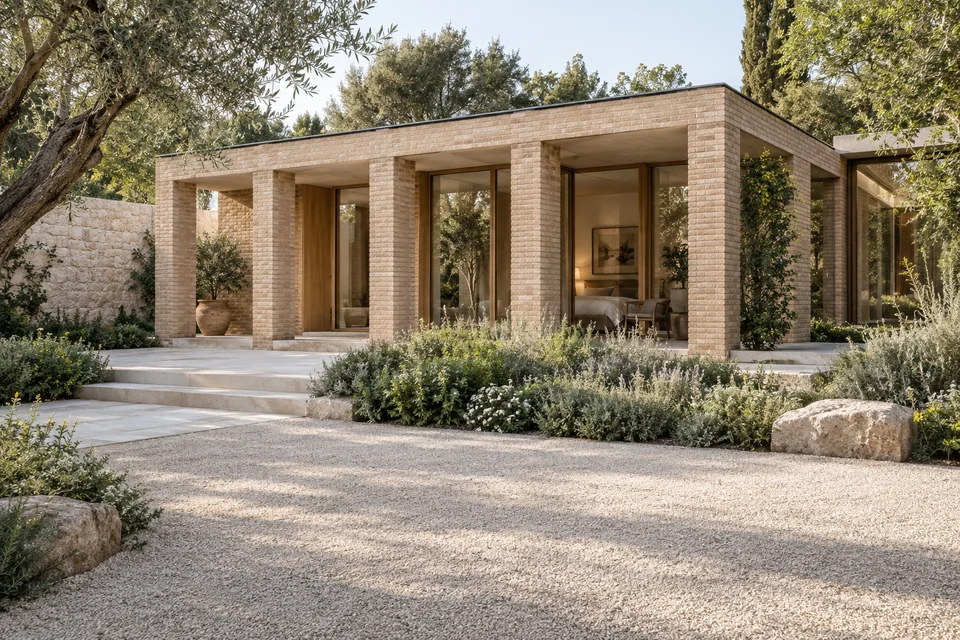Warm brick courtyard guesthouse with oak window reveals and a planted garden