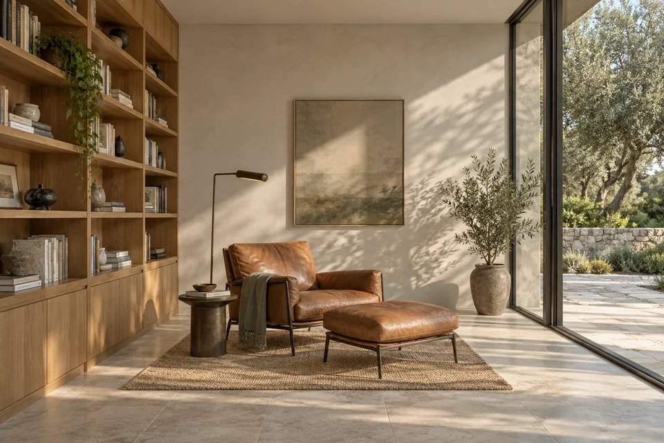 Oak-lined reading room with a cognac leather chair, limestone floor and garden-facing glazing