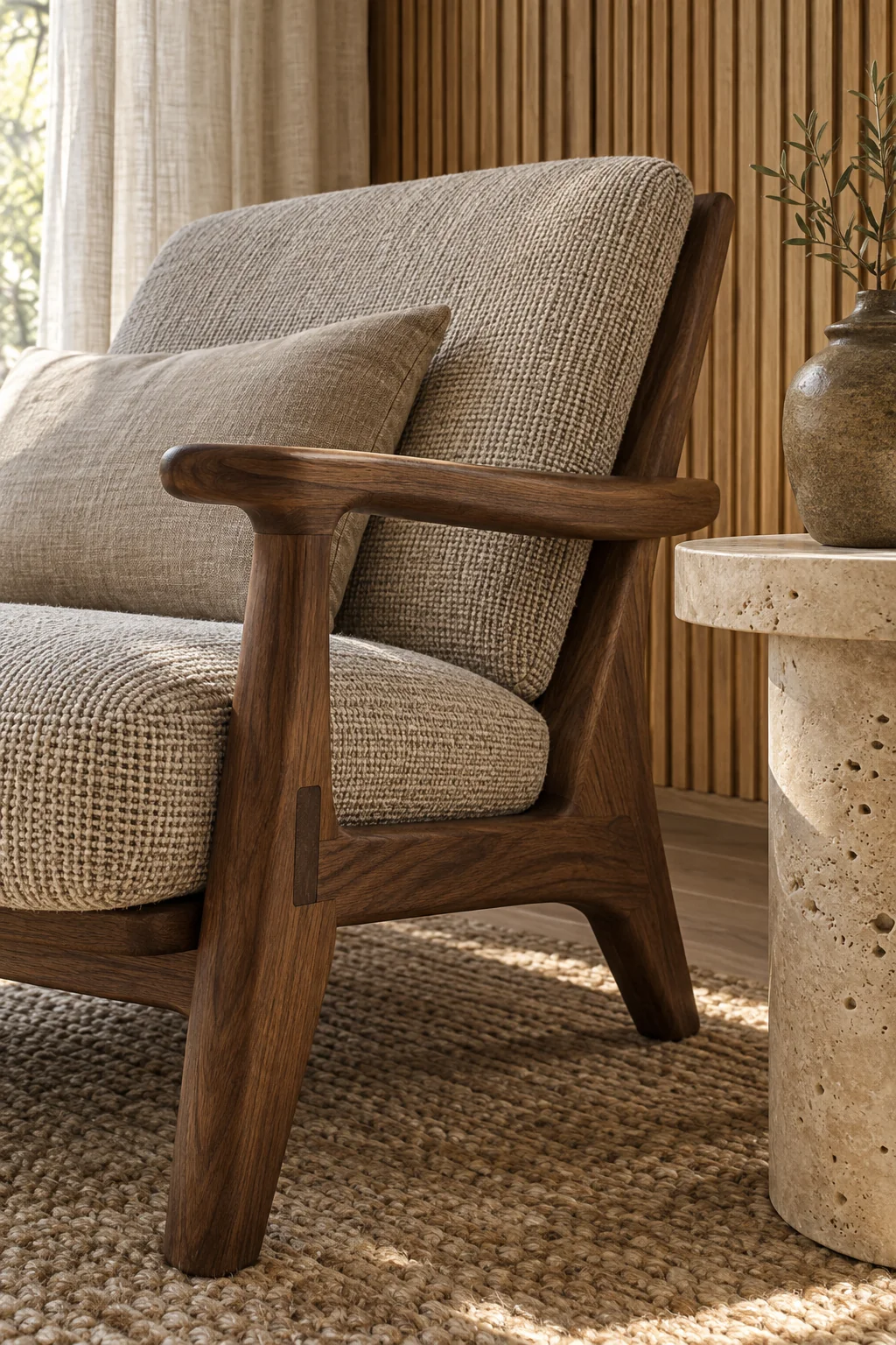 Close detail of woven upholstery, walnut joinery and a travertine side table