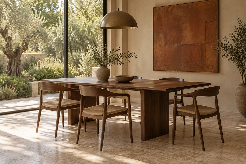 Illustrative sunlit dining interior with a walnut table, sculptural chairs, and natural stone flooring
