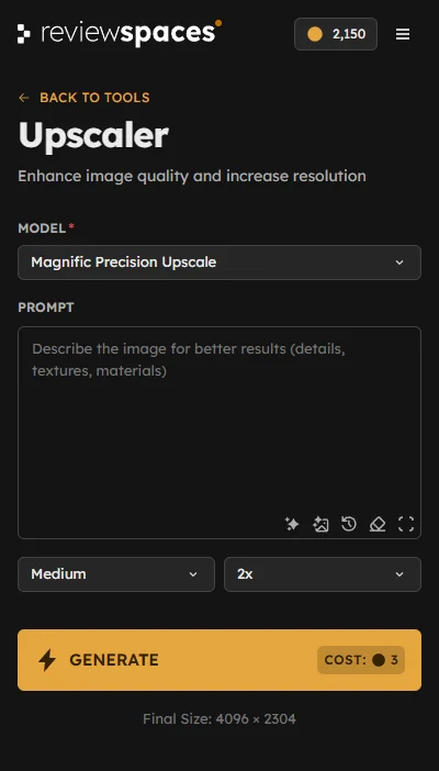 Review Spaces Upscaler panel in Photoshop with its actual controls