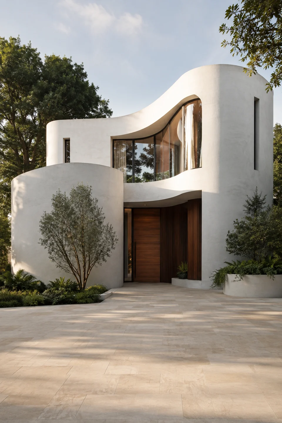 An imagined contemporary residence with a sculptural curved facade