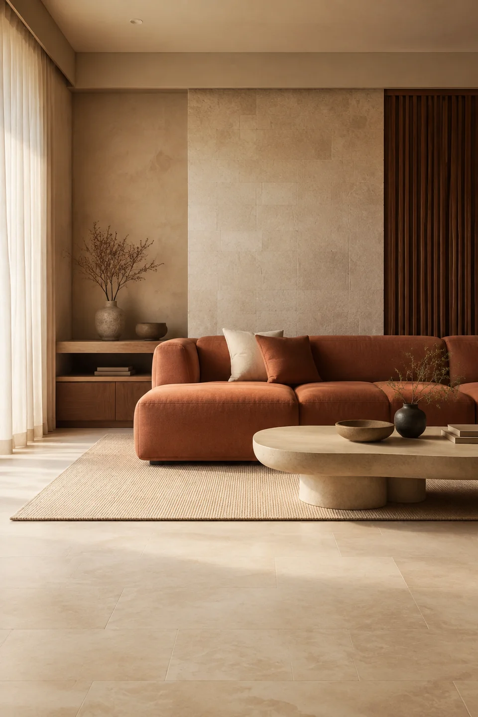 A coordinated interior palette of terracotta, walnut, and natural stone