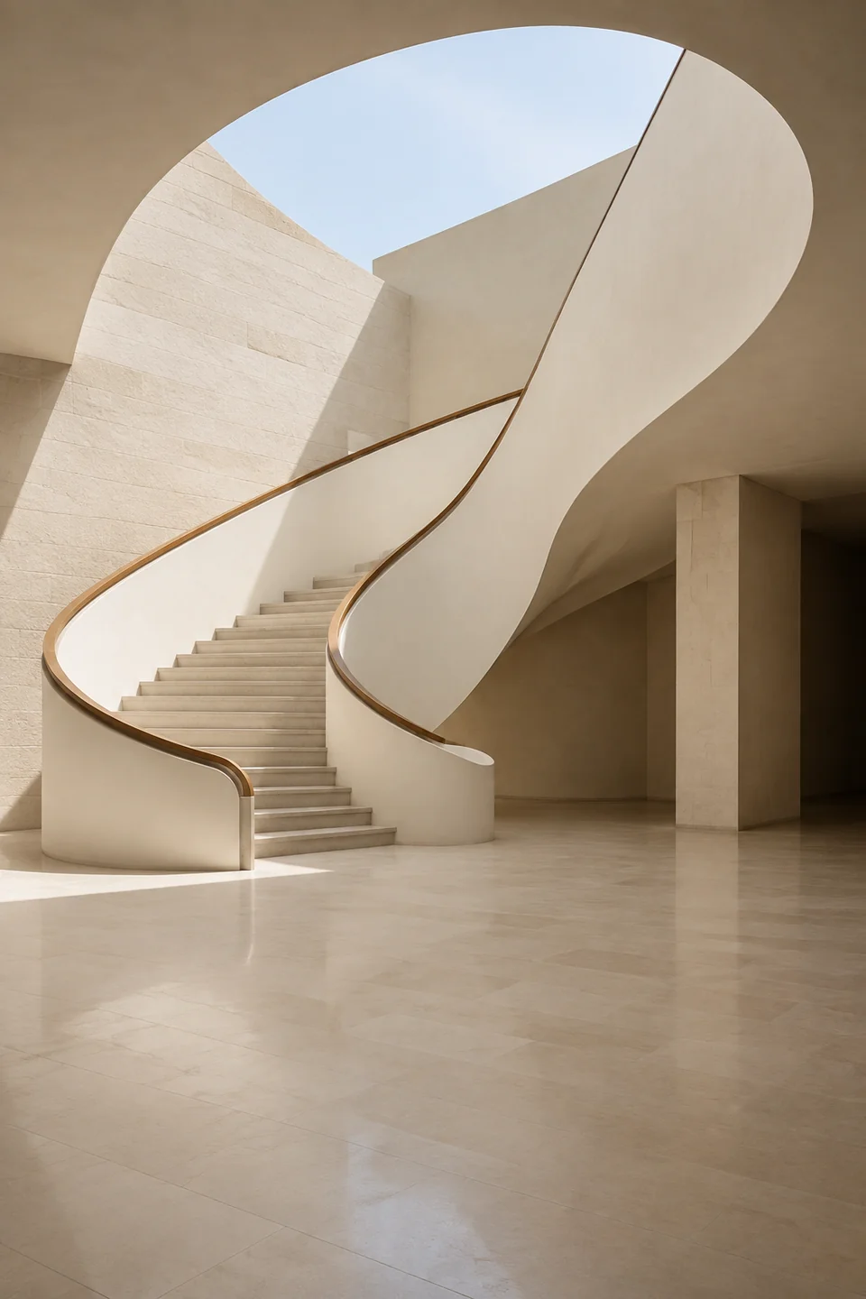A contemporary gallery with a sculptural staircase and natural daylight