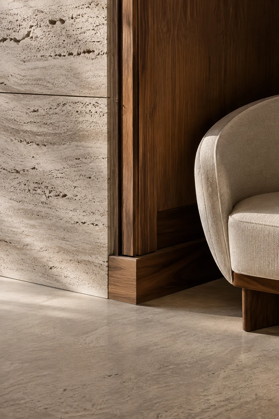 Architectural material detail showing fine stone, wood, and textile textures