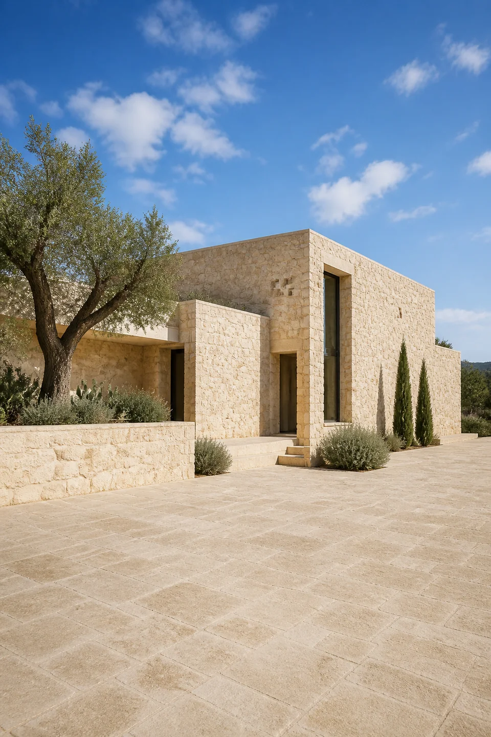 Contemporary limestone courtyard residence with a carefully composed architectural perspective